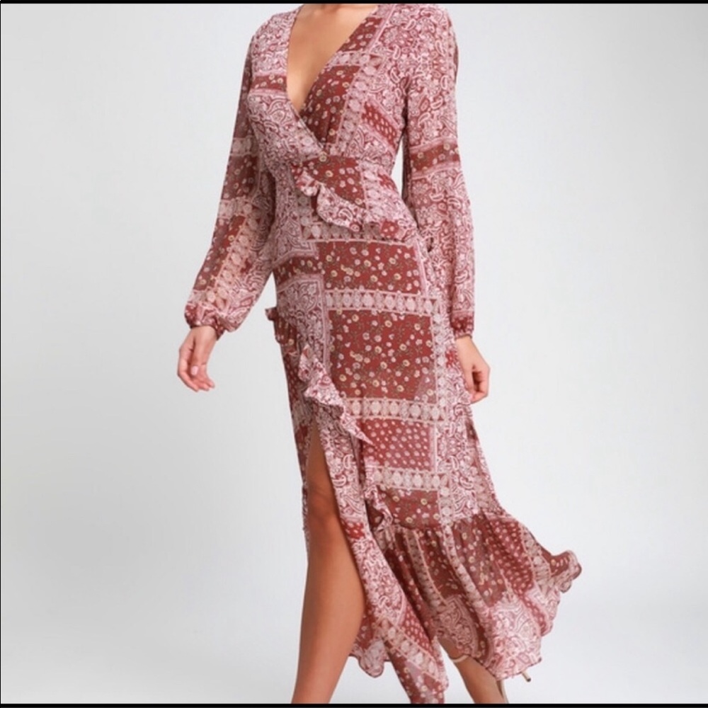 Lulus maxi dress rusty red asymmetrical pattern